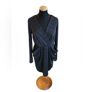 BCBGeneration Dress Grey Metallic Shimmering Babydoll Long Sleeve V-Neck Size M